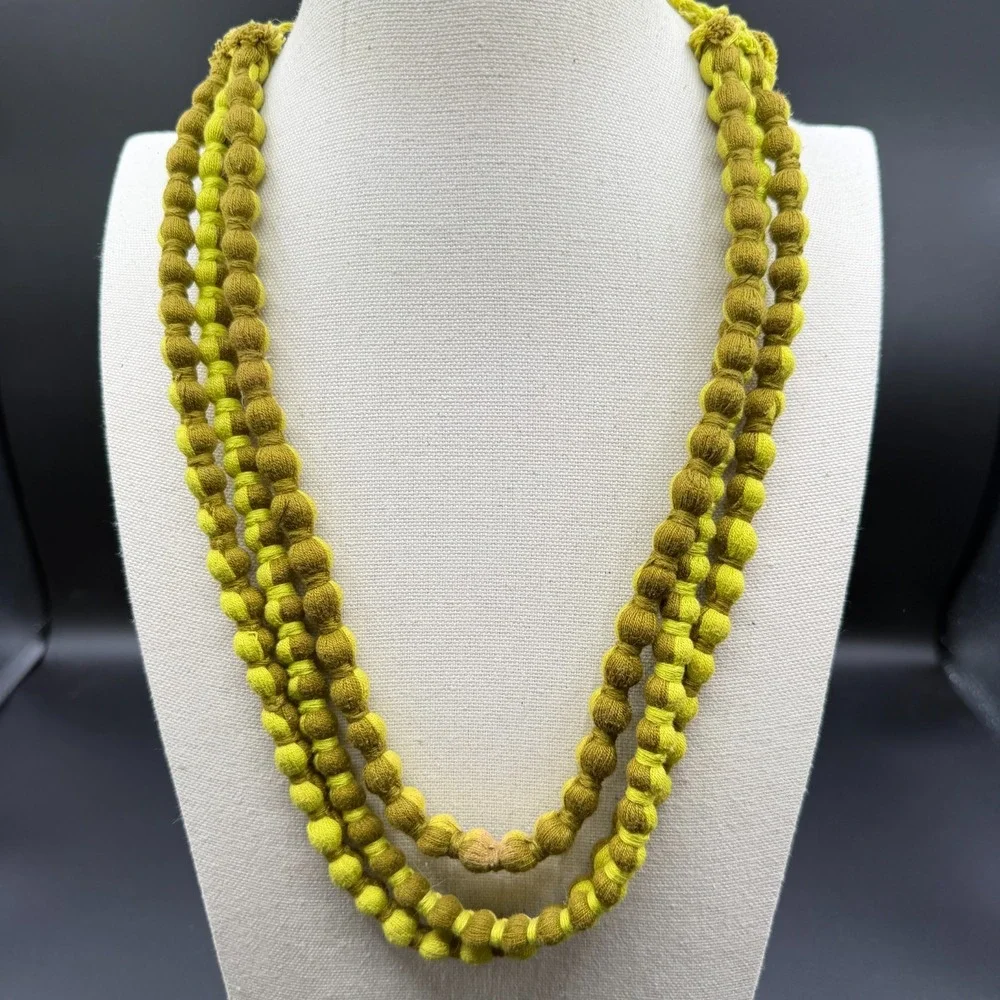 Green Ombre Tone Fabric Bead Necklace Multi Strand Knotted Statement Jewelry